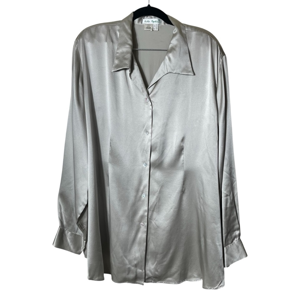 Ulla Popken 100% Silk Blouse Silver Satin Button Down | Plus Size 24/26 - Picture 2 of 10